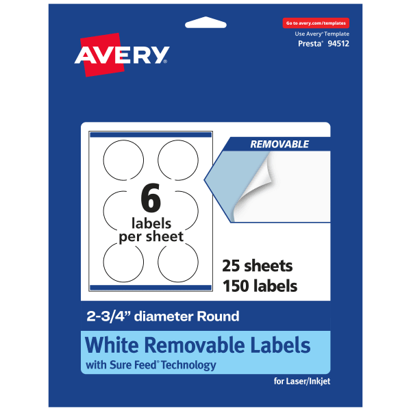 Avery Removable Labels With Sure Feed, 94512-RMP25, Round, 2-3/4in Diameter, White, Pack Of 150 Labels