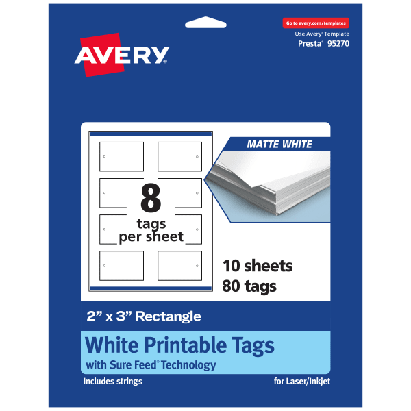 Avery Printable Tags With Sure Feed Technology, 95270-MWT10, Rectangle, 2in x 3in, Matte White, Pack Of 80