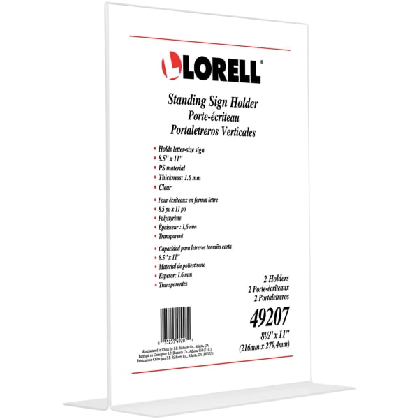 Lorell T-base Standing Sign Holder - Support 8.50in x 11in Media - Acrylic - 2 / Pack - Clear