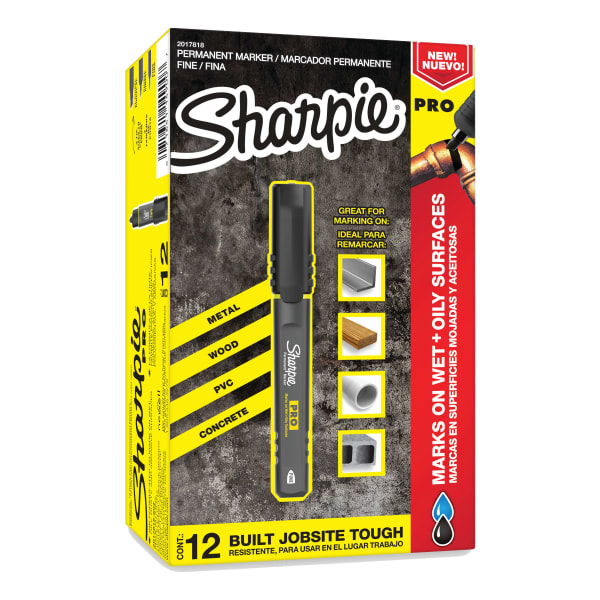 Sharpie PRO Permanent Markers, Fine Point, Black/Gray Barrel, Black Ink, Pack Of 12 Markers