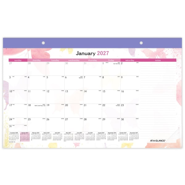 AT-A-GLANCE Watercolors 2027 Monthly Desk Pad Calendar, Compact, 17 3/4in x 11in
