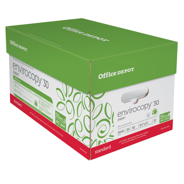 Office Depot EnviroCopy Copy Paper, 10 Reams, White, Letter (8.5in x 11in), 5000 Sheets Per Case, 20 Lb, 30% Recycled, FSC Certified