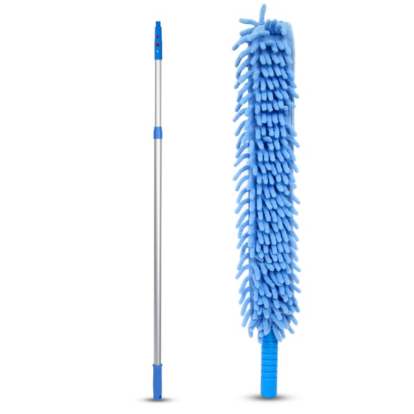 Gritt Commercial 22in Flexible Wand Duster With Microfiber And Chenille Sleeve And 6ft Telescopic Pole, Blue