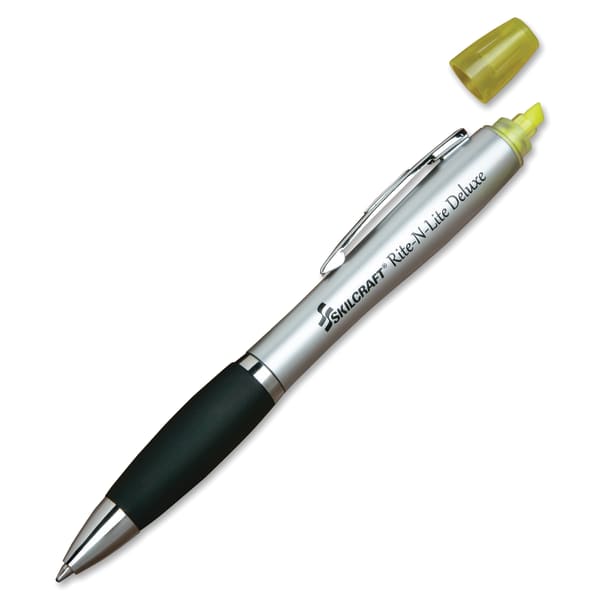 SKILCRAFT Rite-N-Lite Deluxe Highlighter Pen, Chisel/Medium Point, Black/Silver Barrel, Black/Yellow Ink, Pack Of 12 (AbilityOne 7520-01-620-6416)