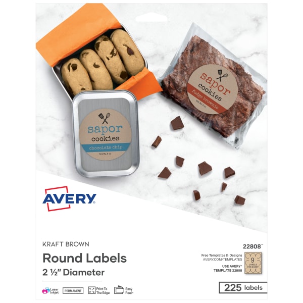 Avery Print-To-The-Edge Permanent Inkjet/Laser Round Labels, 22808, 2 1/2in Diameter, 100% Recycled, Kraft Brown, Pack Of 225