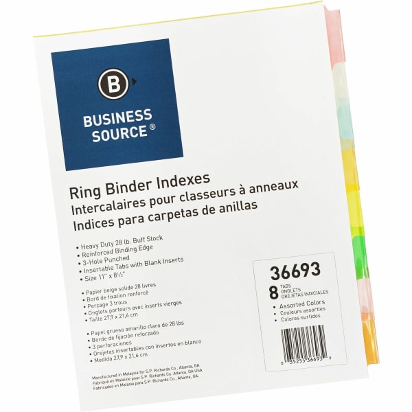 Business Source Insertable Tab Ring Binder Indexes, 8-1/2in x 11in, Multicolor, Set of 8