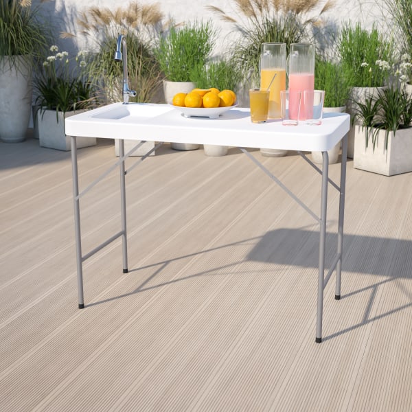 Flash Furniture Portable Fish Cleaning Table/Outdoor Camping Table And Sink, 34inH x 23inW x 45inD, Granite White/Gray