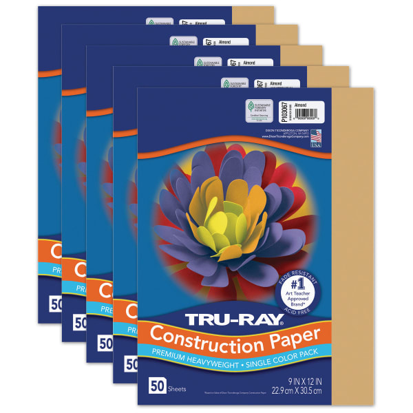 Tru-Ray Construction Paper, Heavyweight, 9in x 12in, Almond, 50 Sheets Per Pack, Set Of 5 Packs