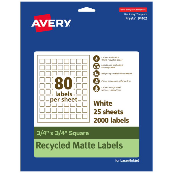 Avery Recycled Paper Labels, 94102-EWMP25, Square, 3/4in x 3/4in, White, Pack Of 2000