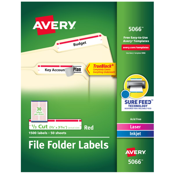 Avery TrueBlock Permanent Inkjet/Laser File Folder Labels, 5066, 2/3in x 3 7/16in, Red, Box Of 1,500