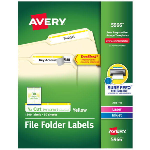 Avery TrueBlock File Folder Labels With Sure Feed Technology, 5966, Rectangle, 2/3in x 3-7/16in, White/Yellow, Pack Of 1,500