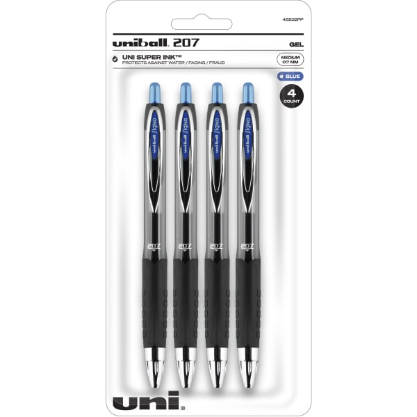 uniball 207 Gel Pens, Pack Of 4, Medium Point, 0.7 mm, Translucent Black Barrel, Blue Ink