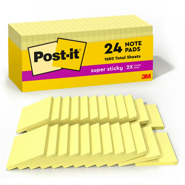 Post-it Super Sticky Notes, 24 Pads, 3 in x 3 in, 2x the Sticking Power, School Supplies and Office Products, Sticky Notes for Vertical Surfaces, Monitors, Walls and Windows, Canary Yellow