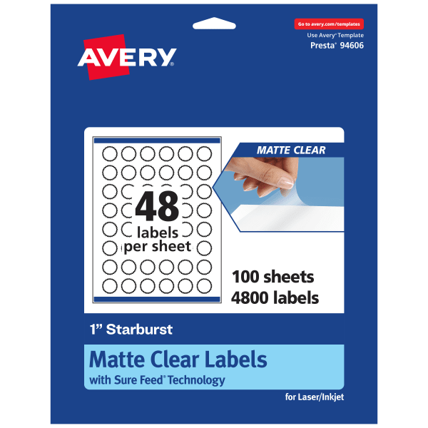 Avery Permanent Labels With Sure Feed, 94606-CMF100, Starburst, 1in, Matte Clear, Pack Of 4,800