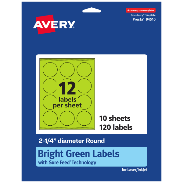 Avery Print-To-The-Edge Labels With Sure Feed Technology And Easy Peel Label Feature, 94510-BGP10, Round, 2-1/4in, Matte Bright Green, Pack of 120