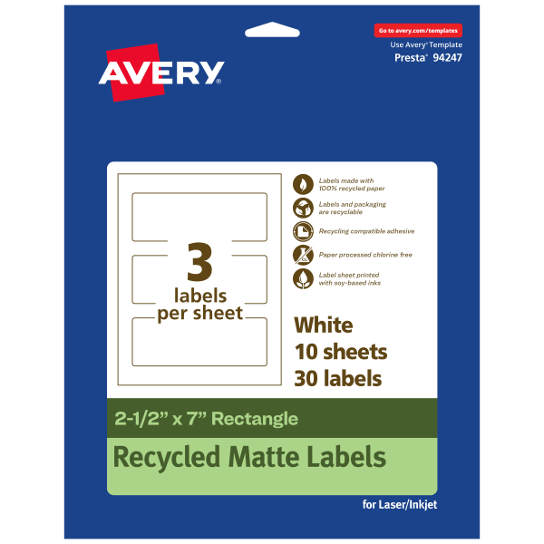 Avery Recycled Paper Labels, 94247-EWMP10, Rectangle, 2-1/2in x 7in, White, Pack Of 30