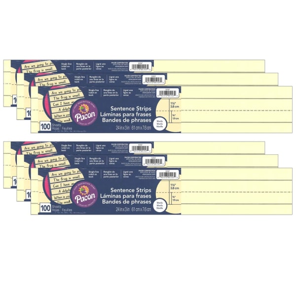 Pacon Sentence Strips, 1/16inH x 3inW x 24inD, Manila, 100 Strips Per Pack, Set Of 6 Packs