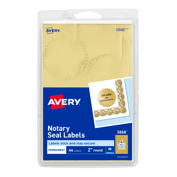 Avery Printable Notary Seal Labels For Inkjet Printers, 5868, Burst, 2in Diameter, Gold, Pack Of 44 Certificate Seals
