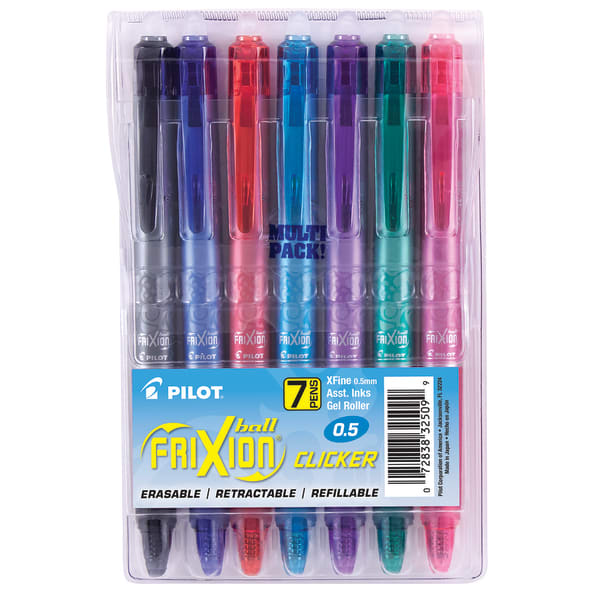 Pilot FriXion Ball Clicker Erasable Retractable Gel Pens, Pack of 7, Extra Fine Point, 0.5 mm, Assorted Barrels, Assorted Ink Colors