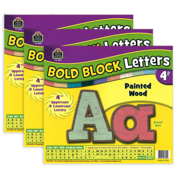 Teacher Created Resources Letters Combo Pack, 4in, Painted Wood Design Bold Block, 230 Characters Per Pack, Set Of 3 Packs