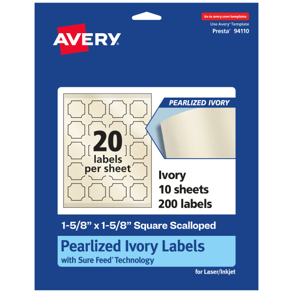 Avery Pearlized Permanent Labels With Sure Feed, 94110-PIP10, Square Scalloped, 1-5/8in x 1-5/8in, Ivory, Pack Of 200 Labels