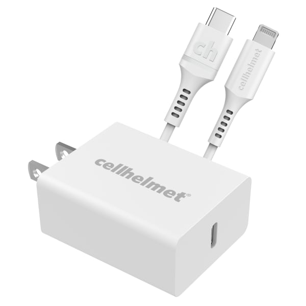 cellhelmet 20-Watt Single-USB Power Delivery Wall Charger With USB-C To Lightning Round Cable, 3ft, White
