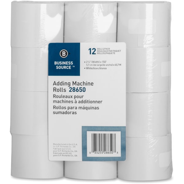 Business Source 150ft Adding Machine Rolls - 2 1/4in x 150 ft - Sustainable Forestry Initiative (SFI) - Lint-free - White - 12 / Pack