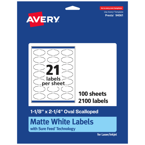Avery Permanent Labels With Sure Feed, 94061-WMP100, Oval Scalloped, 1-1/8in x 2-1/4in, White, Pack Of 2,100
