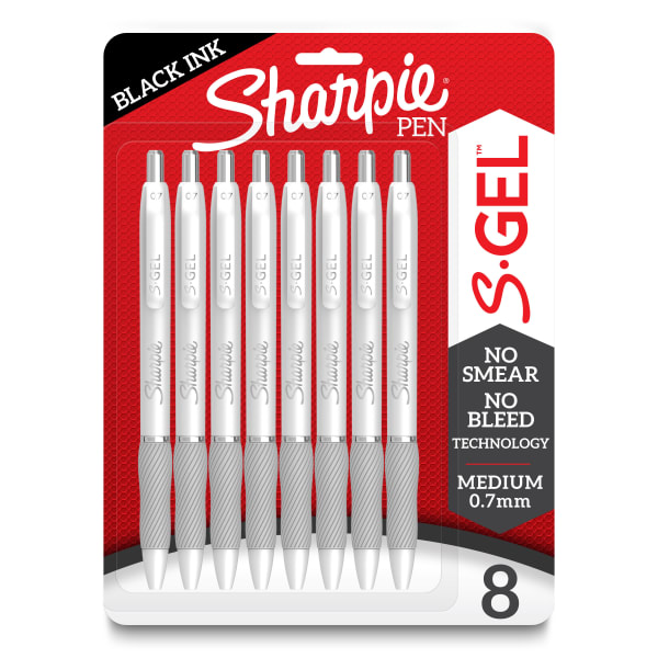 Sharpie S-Gel Fashion Barrel Gel Pens, Medium Point,  0.7 mm, White Barrels/Black Ink, Pack Of 8 Pens
