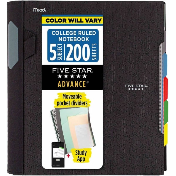 Five Star Advance Wirebound Notebook, 8-1/2in x 11-3/4in, 5 Subject, College Ruled, 200 Pages (100 Sheets), Assorted Colors