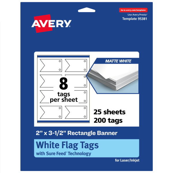 Avery Print-To-The-Edge Flag Tags With Sure Feed Technology, 2inx3-1/2in Rectangle Banner, Matte White, Pack Of 200