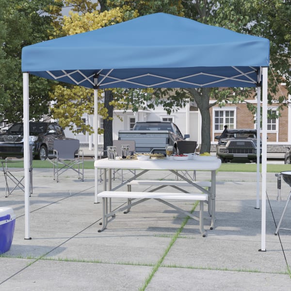 Flash Furniture 8ftx8ft Pop Up Event Canopy Tent with Carry Bag and Folding Bench Set - Portable Tailgate, Camping, Event Set, Blue