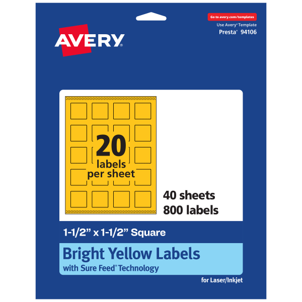 Avery Print-To-The-Edge Labels With Sure Feed Technology And Easy Peel, 94106-BYP40, Square, 1-1/2in x 1-1/2in, Matte Bright Yellow, Pack of 800