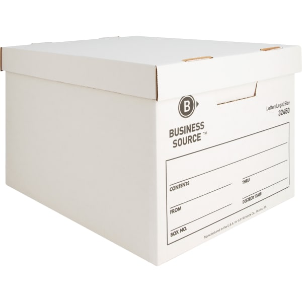 Business Source Quick Setup Medium-Duty Storage Box - External Dimensions: 12in Width x 15in Depth x 10in Height - Media Size Supported: Legal, Letter - Lift-off Closure - Medium Duty - Stackable - White - For File - Recycled - 12 / Carton