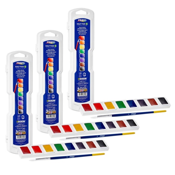 Prang Professional Watercolor 8-Color Half Pan and Brush Sets, Disposable, Assorted, Pack Of 3 Sets