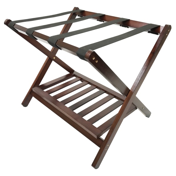 Hospitality 1 Source Wooden Luggage Racks With Shoe Shelves, 26in x 26in x 17in, Walnut, Pack Of 4 Racks