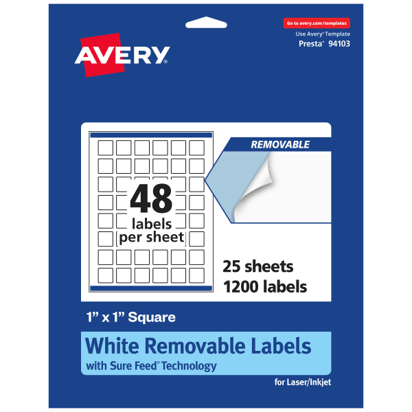 Avery Removable Labels With Sure Feed, 94103-RMP25, Square, 1in x 1in, White, Pack Of 1,200 Labels
