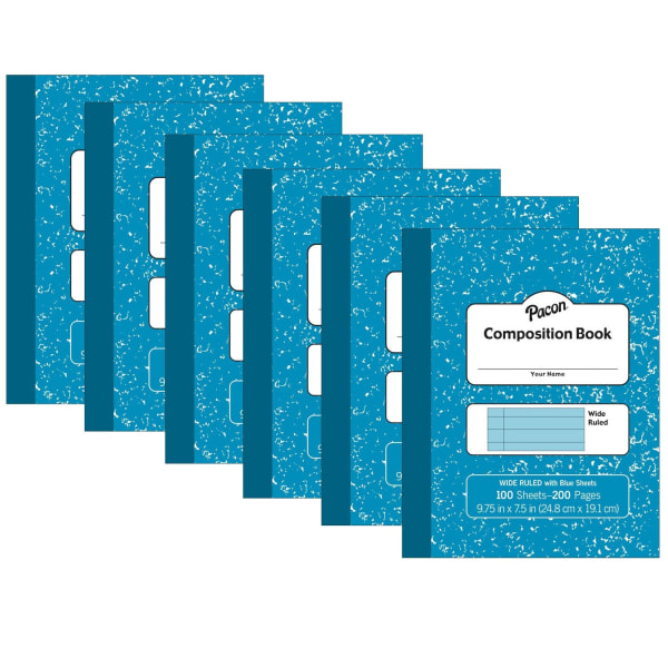Pacon Pastel Composition Book, 9-3/4in x 7-1/2in, 3/8in Ruled, 100 Sheets, Blue Marble Cover, Light Blue Sheets, Pack Of 6