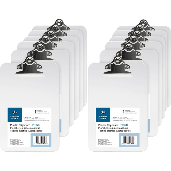 Business Source Plastic Clipboard - 6in x 9in Sheet Size - Spring Clip - Plastic - Clear - 12 / Box