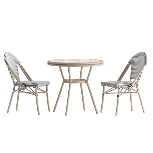 Flash Furniture Marseille Indoor/Outdoor Commercial Bistro 31.5in Table, Textilene, Glass Top with 2 Stack Chairs, Black & White Textilene/Light Natural Frame