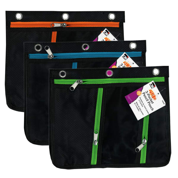 Charles Leonard 3-Pocket Expanding Pencil Pouches, 9-1/2inH x 11inW x 1inD, Assorted Colors, Pack Of 3 Pouches