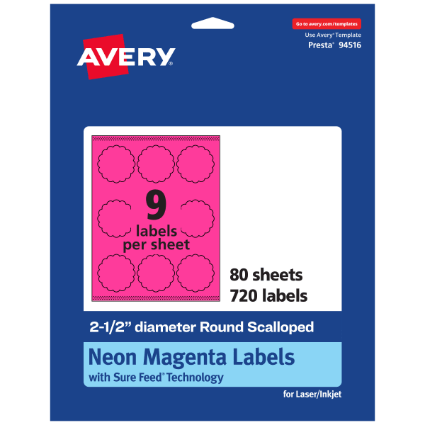 Avery Print-To-The-Edge Labels With Sure Feed Technology, 94516-NMP80, Round Scalloped, 2-1/2in, Matte Neon Magenta, Pack of 720