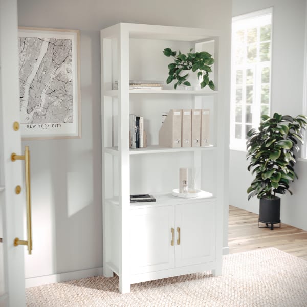 Martha Stewart Hutton 68inH 4-Shelf Shaker Bookcase With Storage Cabinet, White/Polished Brass