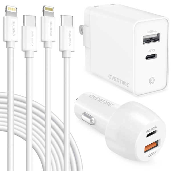 Overtime 4-Piece Wall And Car Charger Kit, 10ft, White