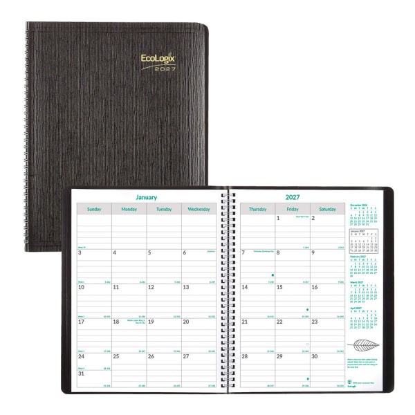 2026-2028 Brownline 14-Month EcoLogix Monthly Planner, 11in x 8-1/2in, 100% Recycled, Black, December 2026 To January 2028, CB435W.BLK, Total Qty 1