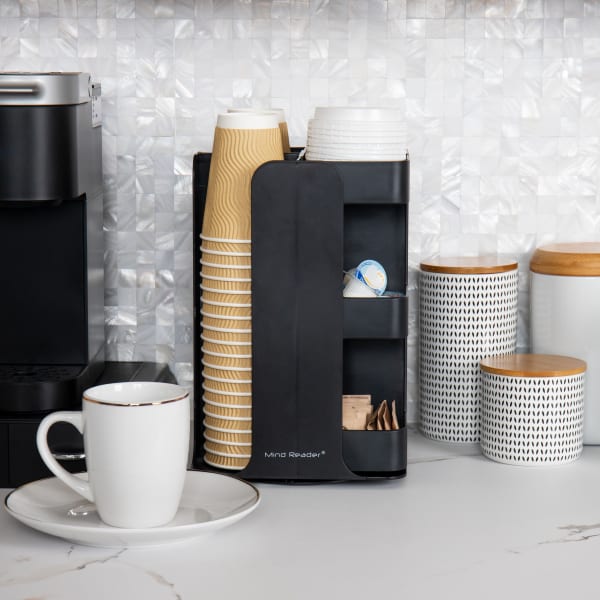 Mind Reader 8-Compartment Coffee Cup, Lid, & Condiment Carousel, Countertop Organizer, Breakroom, Black