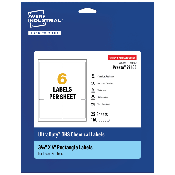 Avery Ultra Duty Permanent GHS Chemical Labels, 97188-WMU25, Rectangle, 3-1/3in x 4in, White, Pack Of 150