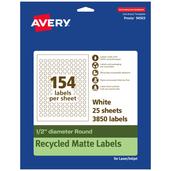 Avery Recycled Paper Labels, 94503-EWMP25, Round, -1/2in diameter, White, Pack Of 3850
