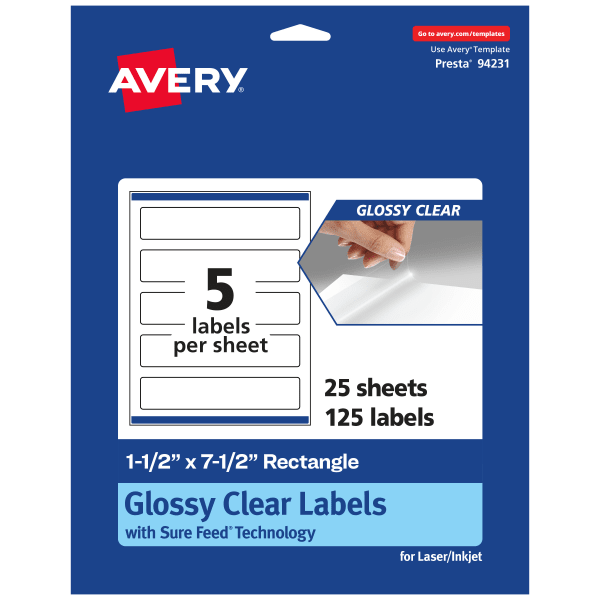 Avery Glossy Permanent Labels With Sure Feed, 94231-CGF25, Rectangle, 1-1/2in x 7-1/2in, Clear, Pack Of 125