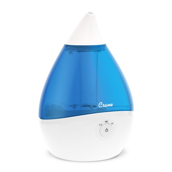 Crane Droplet Ultrasonic Cool Mist Humidifier, 0.5 Gallons, 6 3/4in x 6 3/4in x 10 1/2in, Blue/White